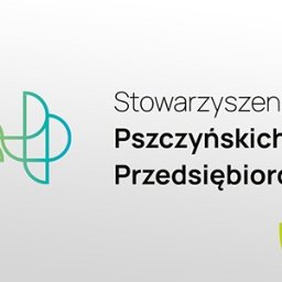 GAFDESIGN - Projekt identyfikacji wizualnej dla Stowarzyszenia Pszczyńskich Przedsiębiorców z gradientowym logo w odcieniach zieleni i błękitu na jasnoszarym tle.