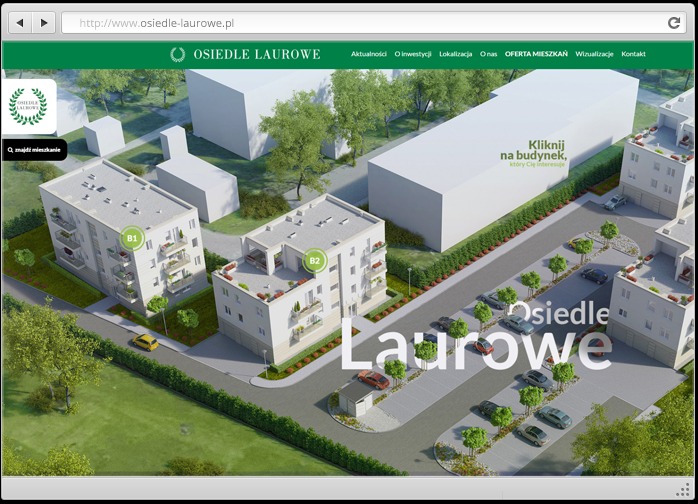 Projekt strony internetowej osiedla mieszkaniowego z wizualizacją 3D budynków, zieleni i parkingu. Widok z lotu ptaka, w przeglądarce. Napis 'Osiedle Laurowe'.