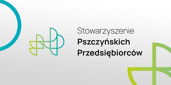 Projekt identyfikacji wizualnej dla Stowarzyszenia Pszczyńskich Przedsiębiorców z gradientowym logo w odcieniach zieleni i błękitu na jasnoszarym tle.