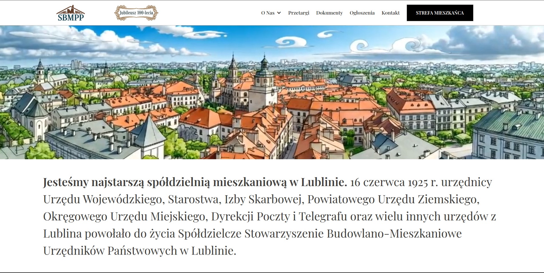 Strona internetowa SBMPP Lublin: grafika z panoramą miasta, logo w lewym górnym rogu, menu nawigacyjne i tekst o historii spółdzielni mieszkaniowej.