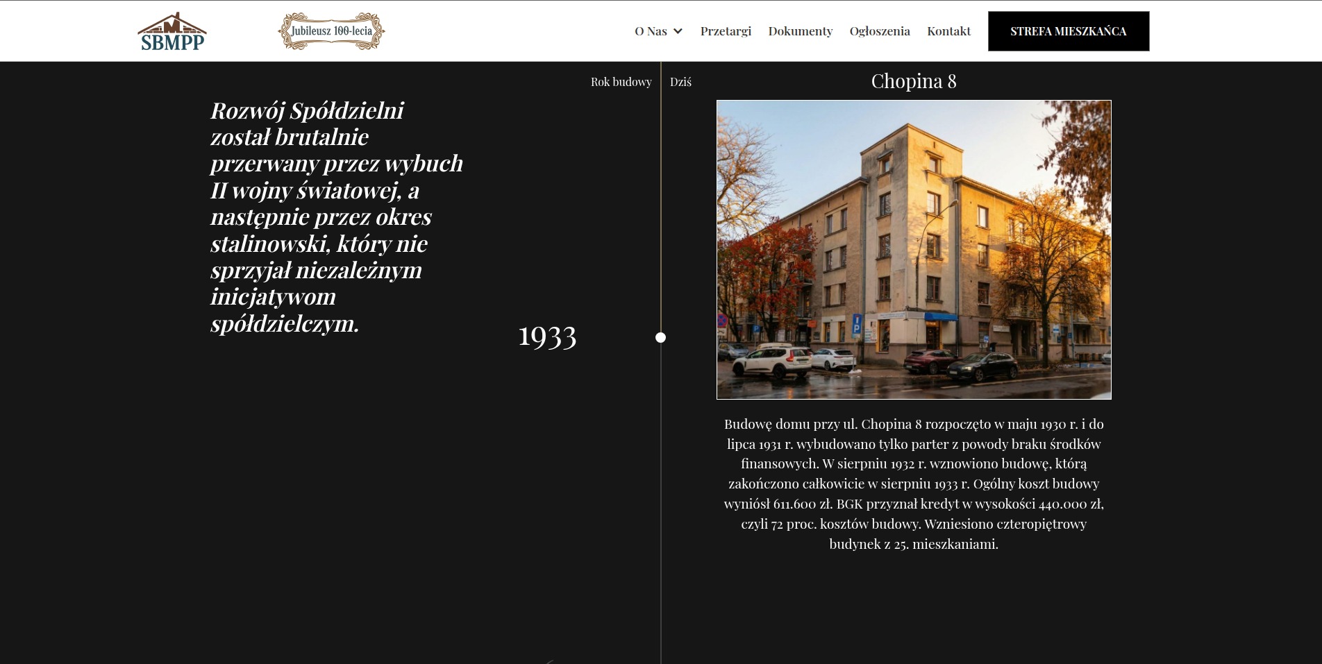 Strona internetowa SBMPP Lublin: projekt graficzny, UI, logo i responsywny CMS. Budynek Chopina 8 na osi czasu. Nowoczesny design dla spółdzielni w Lublinie.