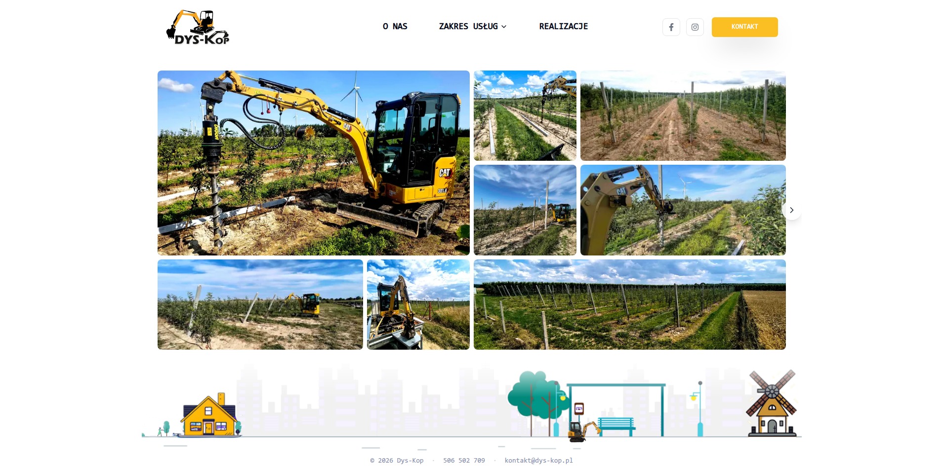 Strona internetowa firmy Dys-Kop z galerią realizacji. Na pierwszym planie żółta koparka CAT 301.8 w sadzie. W tle wiatrak. Strona responsywna, z menu i przyciskiem kontakt.