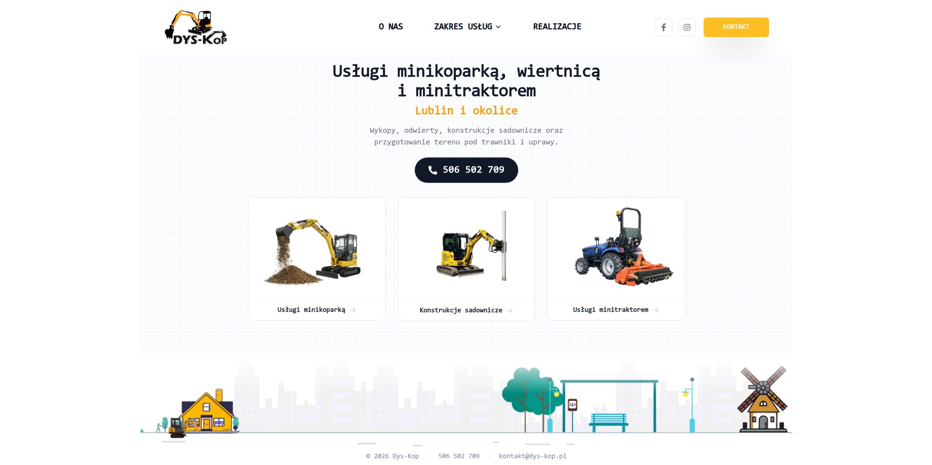 Strona internetowa firmy Dys-Kop z ofertą usług minikoparką, wiertnicą i minitraktorem. Prezentacja usług z Lublina i okolic. Grafika z minikoparkami i minitraktorem.