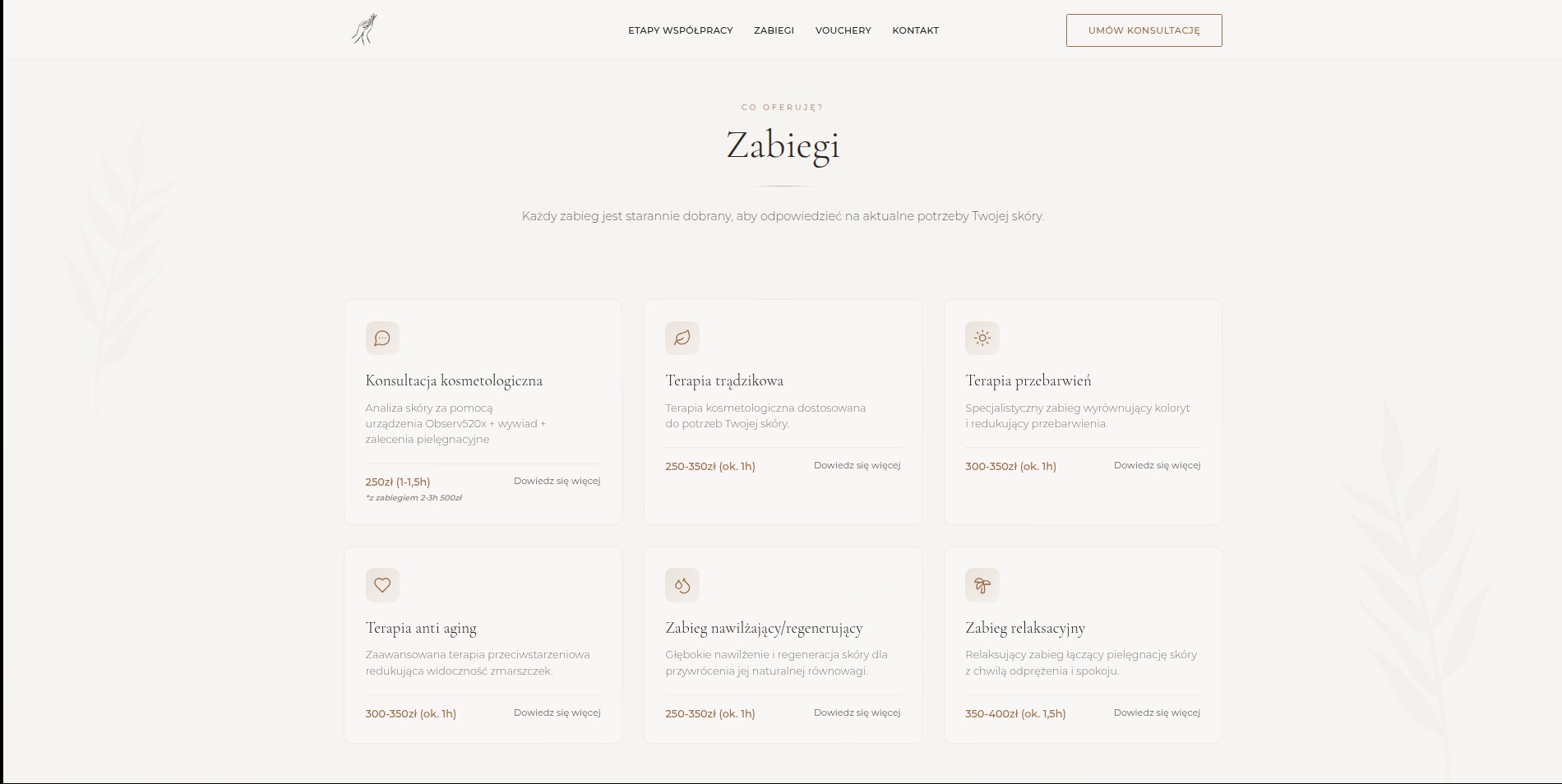 Strona internetowa salonu kosmetycznego prezentująca ofertę zabiegów: konsultacja, terapia trądzikowa, terapia przebarwień, anti-aging, nawilżający/regenerujący, relaksacyjny.