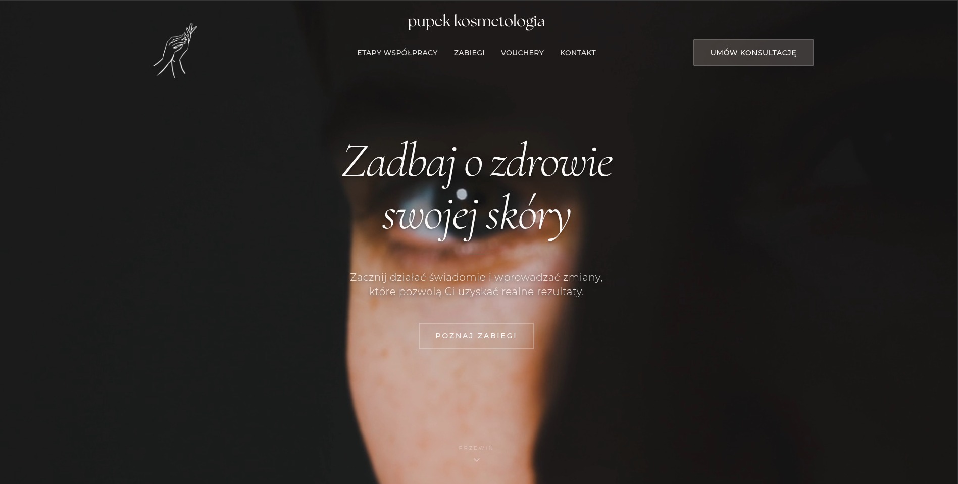 Elegancka strona internetowa kosmetologa z hasłem 'Zadbaj o zdrowie swojej skóry', minimalistycznym logo i przyciskiem 'Umów konsultację'. Stonowana kolorystyka.