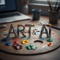 INDYWIDUALNA SPECJALISTYCZNA PRAKTYKA LEKARSKA ARTUR KUĆMA - Paleta malarska z farbami i pędzlami ułożonymi w napis 'ART & AI'. W tle laptop i przybory malarskie. Ciepłe oświetlenie, artystyczny nieład.