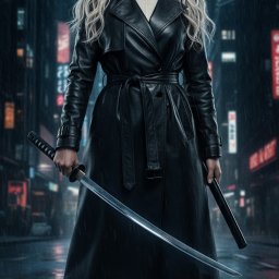 INDYWIDUALNA SPECJALISTYCZNA PRAKTYKA LEKARSKA ARTUR KUĆMA - Kobieta z mieczem katana w deszczowej scenerii miejskiej, ubrana w czarny płaszcz. Neonowe światła i krople deszczu dodają dramatyzmu. Ujęcie pełne akcji i tajemniczości.