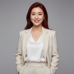 INDYWIDUALNA SPECJALISTYCZNA PRAKTYKA LEKARSKA ARTUR KUĆMA - Portret uśmiechniętej kobiety w beżowym garniturze na szarym tle. Profesjonalny wizerunek biznesowy z Ostrowca Świętokrzyskiego, idealny do identyfikacji wizualnej.