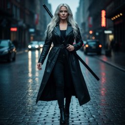 INDYWIDUALNA SPECJALISTYCZNA PRAKTYKA LEKARSKA ARTUR KUĆMA - Kobieta w czarnym płaszczu i z kataną na tle miejskiej ulicy w deszczu. Ujęcie z dołu, podkreślające postać i atmosferę.