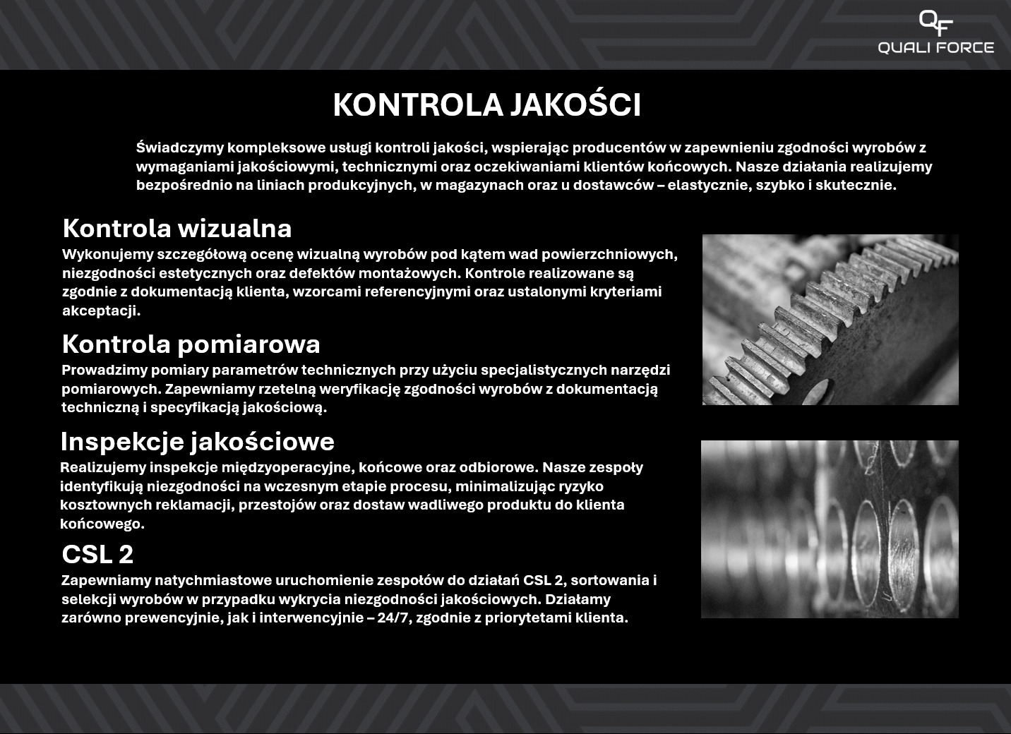 Kontrola jakości: Prezentacja usług kontroli wizualnej, pomiarowej i inspekcji jakości. Na zdjęciu zbliżenia elementów mechanicznych poddawanych ocenie.