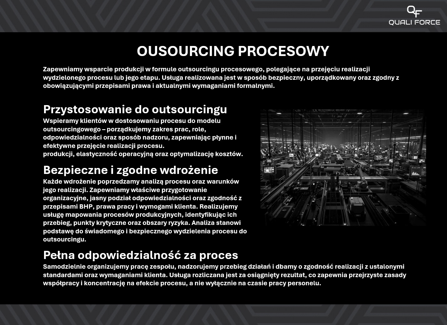 Grafika z tekstem o outsourcingu procesowym i zdjęciem hali produkcyjnej z linią montażową. Tekst: dostosowanie, bezpieczne wdrożenie, pełna odpowiedzialność.