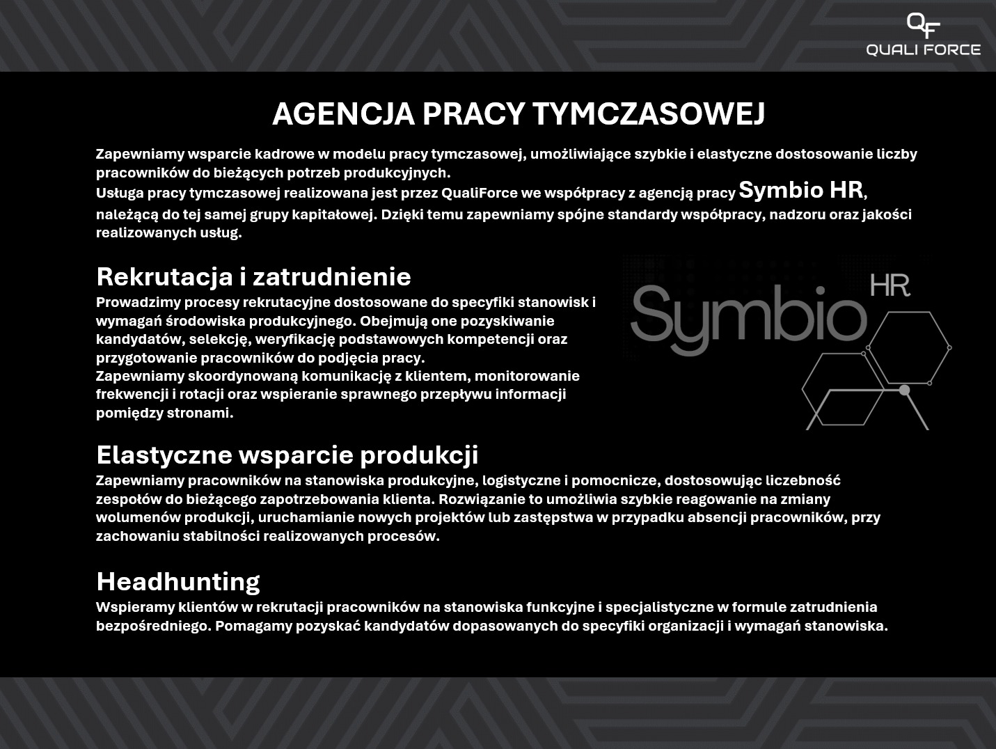 Agencja Pracy Tymczasowej QualiForce: wsparcie kadrowe, rekrutacja, elastyczne wsparcie produkcji i headhunting. Logo firmy w prawym górnym rogu.