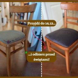 Krzesło drewniane przed i po renowacji tapicerki siedziska. Po lewej zniszczona, po prawej nowa, ciemnoszara. Grafika z zaproszeniem do skorzystania z usługi.