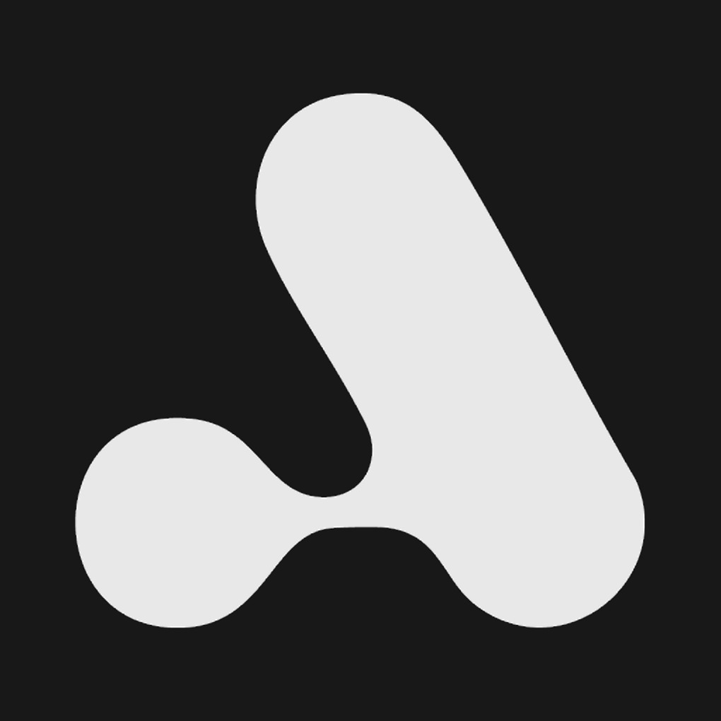 Abstrakcyjne logo w odcieniach szarości na czarnym tle. Minimalistyczny design z zaokrąglonymi kształtami tworzącymi unikalny symbol graficzny.