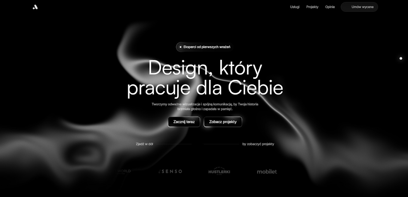 Monochromatyczny design strony internetowej z hasłem 'Design, który pracuje dla Ciebie' i subtelnymi animacjami tła. Minimalistyczny interfejs z przyciskami CTA.