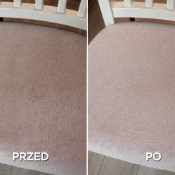 SofaClinic - Krzesło tapicerowane przed i po czyszczeniu w Gdańsku. Widoczne wyraźne różnice w czystości tapicerki, ukazujące skuteczność usługi.