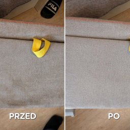 SofaClinic - Tapicerka sofy w odcieniach szarości, widok z góry, podzielona na dwie części: 'Przed' z widocznym zabrudzeniem i 'Po' z czystą powierzchnią, z żółtym uchwytem.