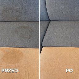 SofaClinic - Kanapa z szarej i beżowej tapicerki w układzie 'przed i po' praniu. Widoczne plamy na części 'przed' i czysta tapicerka po prawej stronie.