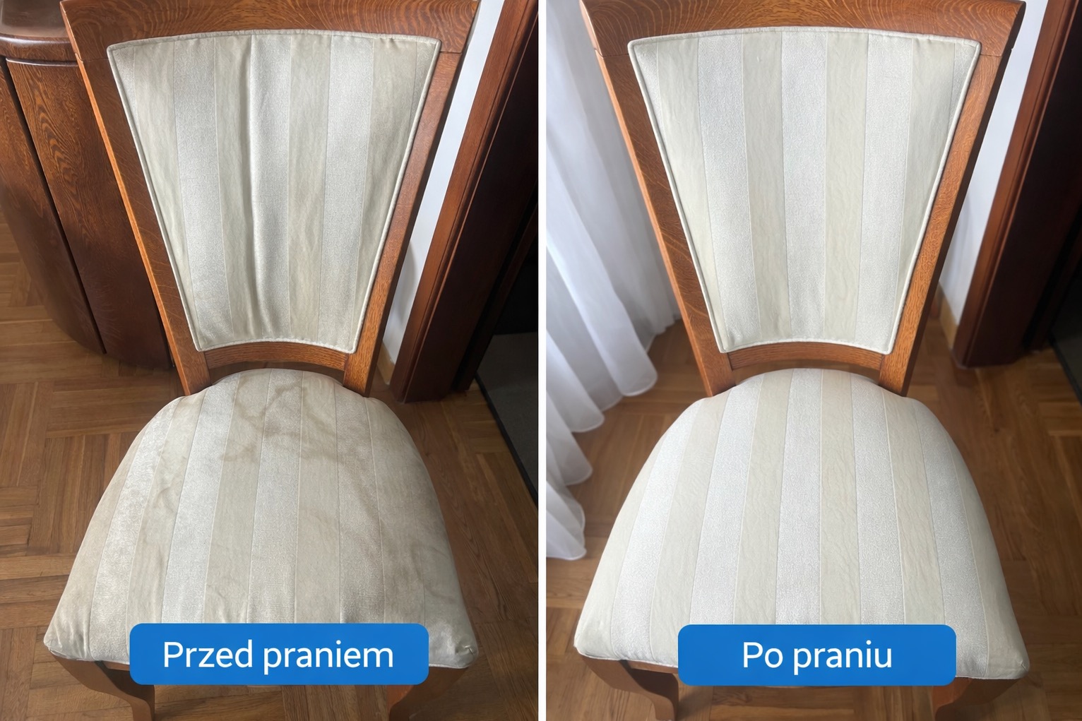 Krzesło tapicerowane w beżowe pasy, ujęcie przed i po czyszczeniu. Po lewej widoczne zabrudzenia na siedzisku, po prawej krzesło po praniu, czyste i odświeżone.