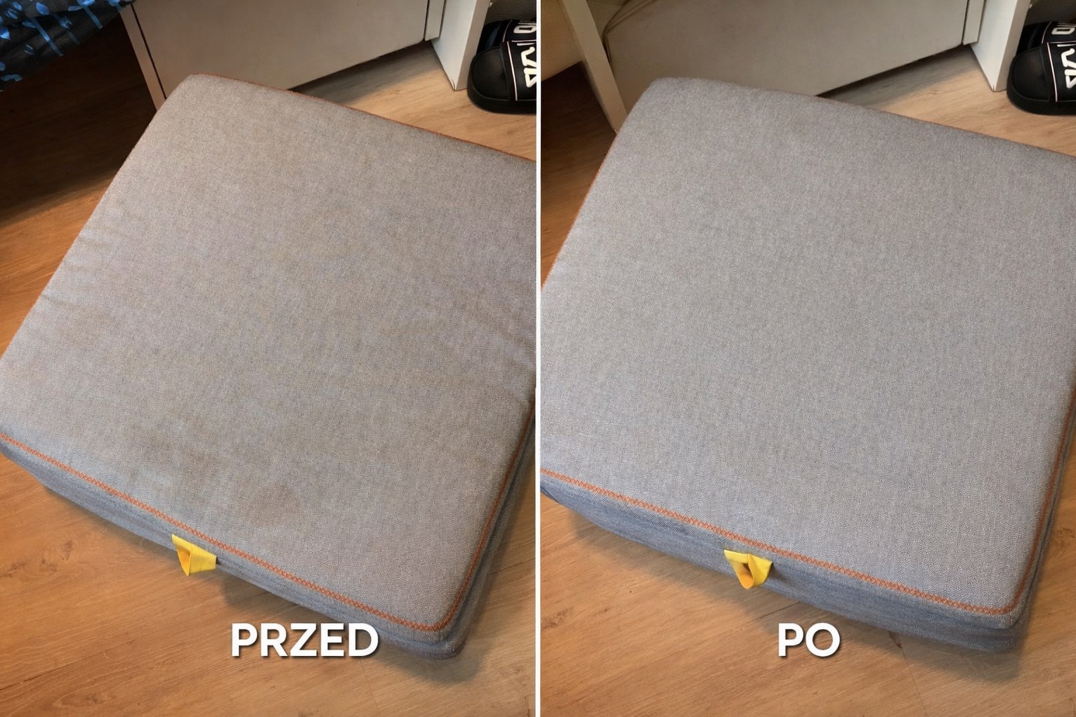Poduszka siedziska w odcieniach szarości, z widocznym efektem czyszczenia: po lewej stronie 'przed', po prawej 'po'. Pomarańczowe obszycie i żółty uchwyt.