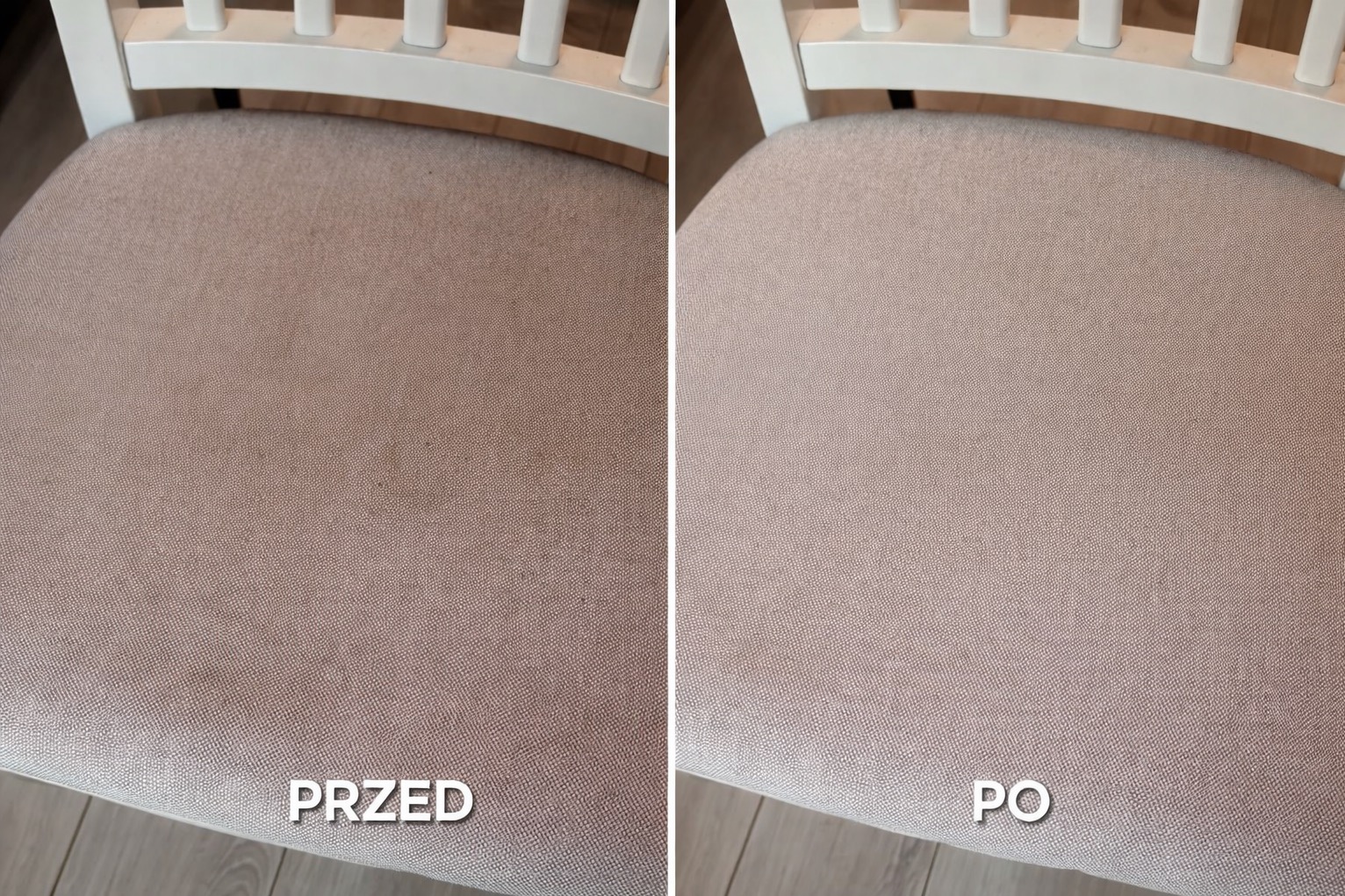 Krzesło tapicerowane przed i po czyszczeniu w Gdańsku. Widoczne wyraźne różnice w czystości tapicerki, ukazujące skuteczność usługi.