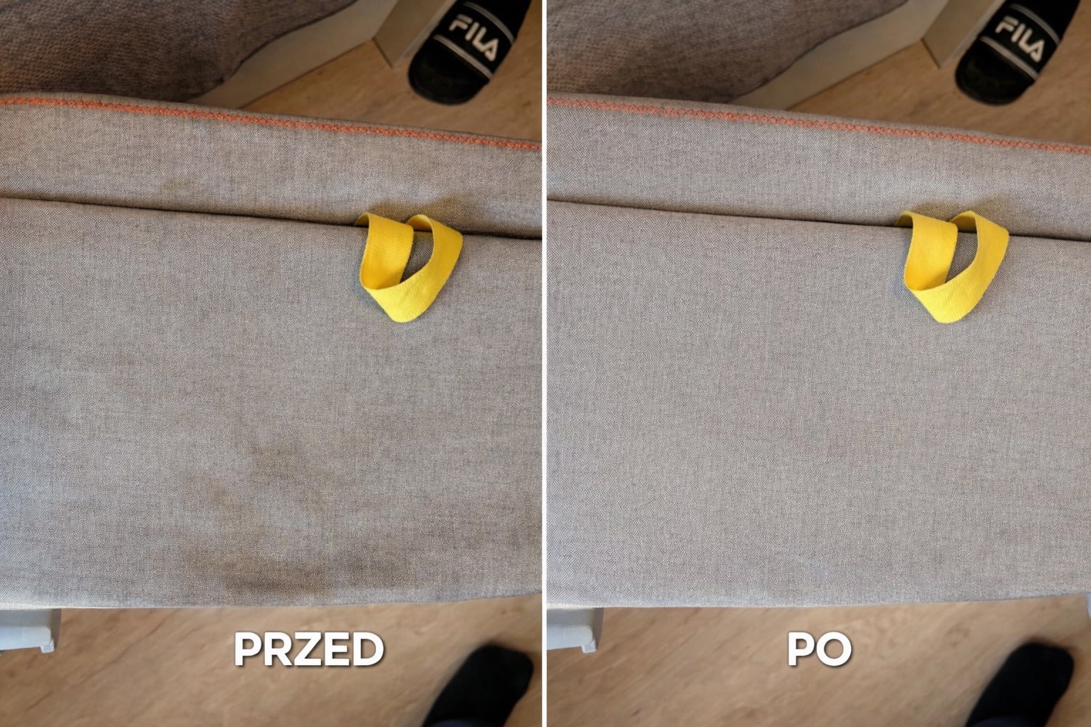 Tapicerka sofy w odcieniach szarości, widok z góry, podzielona na dwie części: 'Przed' z widocznym zabrudzeniem i 'Po' z czystą powierzchnią, z żółtym uchwytem.