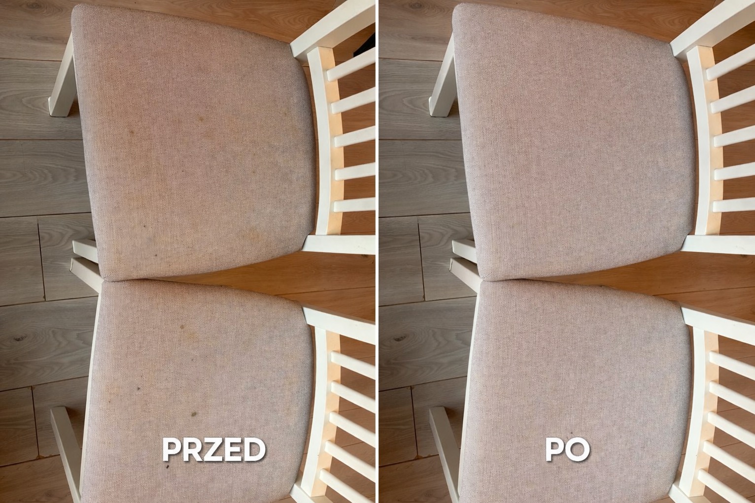 Krzesła tapicerowane: widok z góry, porównanie 'przed' z plamami i 'po' czyszczeniu, ukazujące efekt usługi. Jasne drewno ramy, beżowa tapicerka na drewnianej podłodze.
