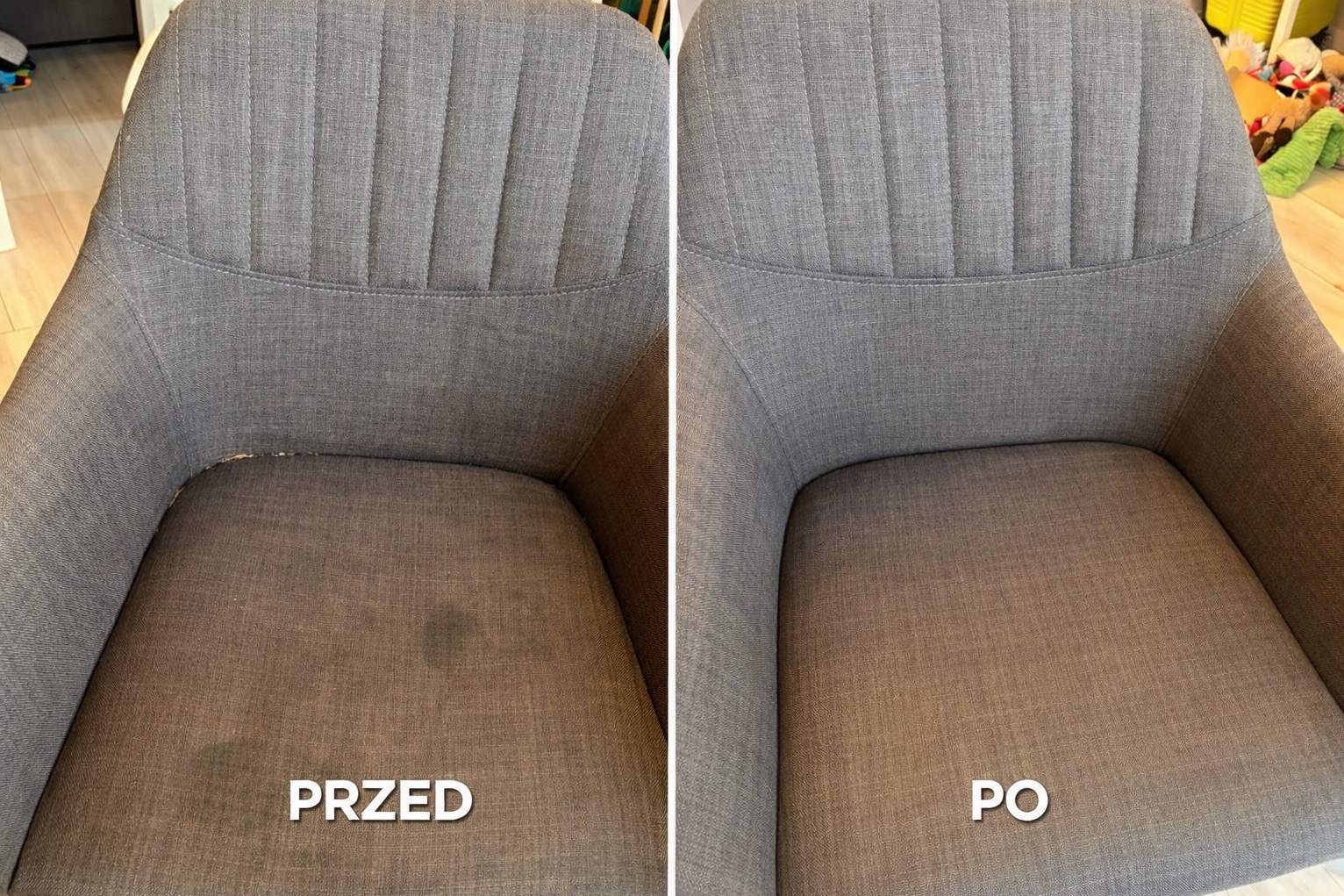 Krzesło tapicerowane w odcieniach szarości, podzielone na dwie części: 'Przed' z widocznymi plamami i 'Po' - czyste, ukazujące efekt usługi.