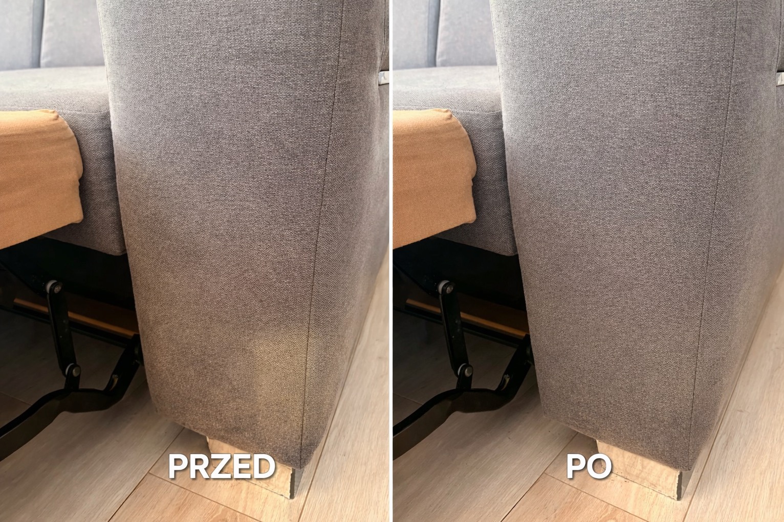 Szary narożnik, widok z bliska na bok, podzielony na dwie części: 'przed' z widocznym zabrudzeniem i 'po' czyszczeniu, ukazujący efekt usługi.