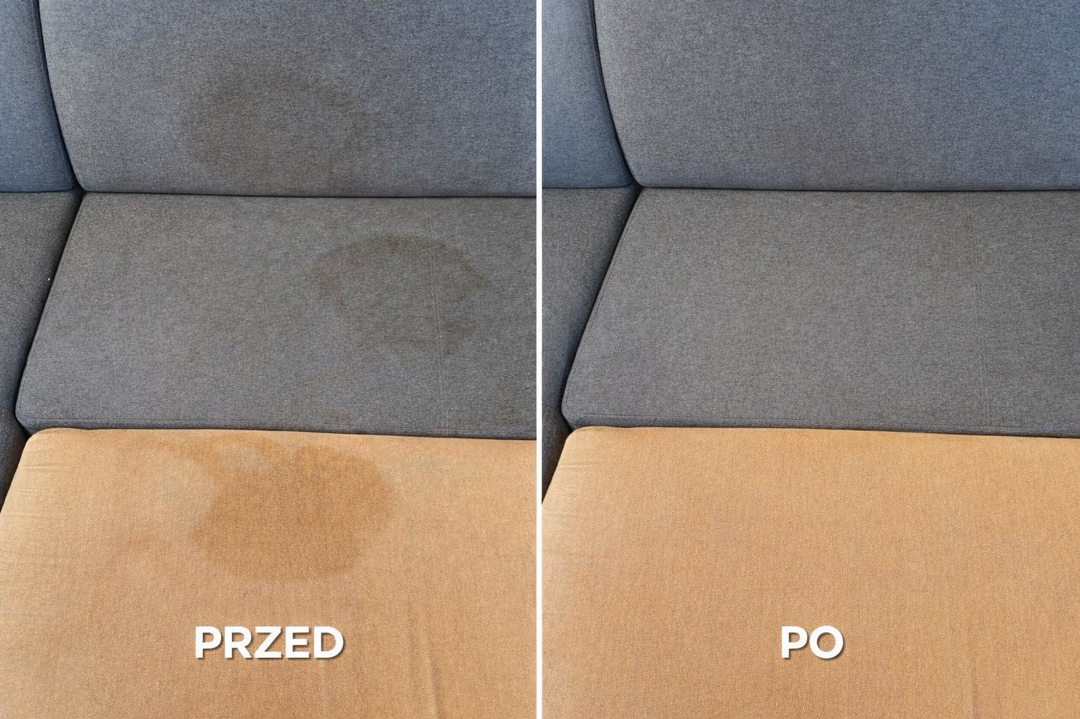 Kanapa z szarej i beżowej tapicerki w układzie 'przed i po' praniu. Widoczne plamy na części 'przed' i czysta tapicerka po prawej stronie.