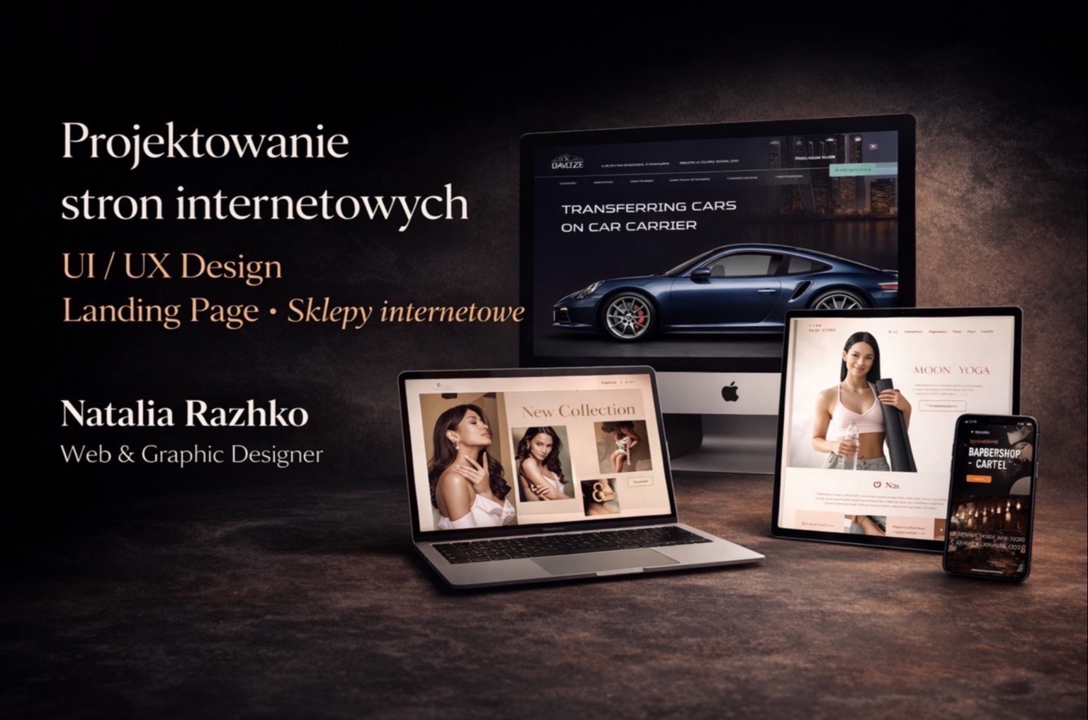 Portfolio web designera: ekrany urządzeń (laptop, tablet, smartfon, monitor) prezentują różne projekty stron internetowych, w tym sklep internetowy i landing page.