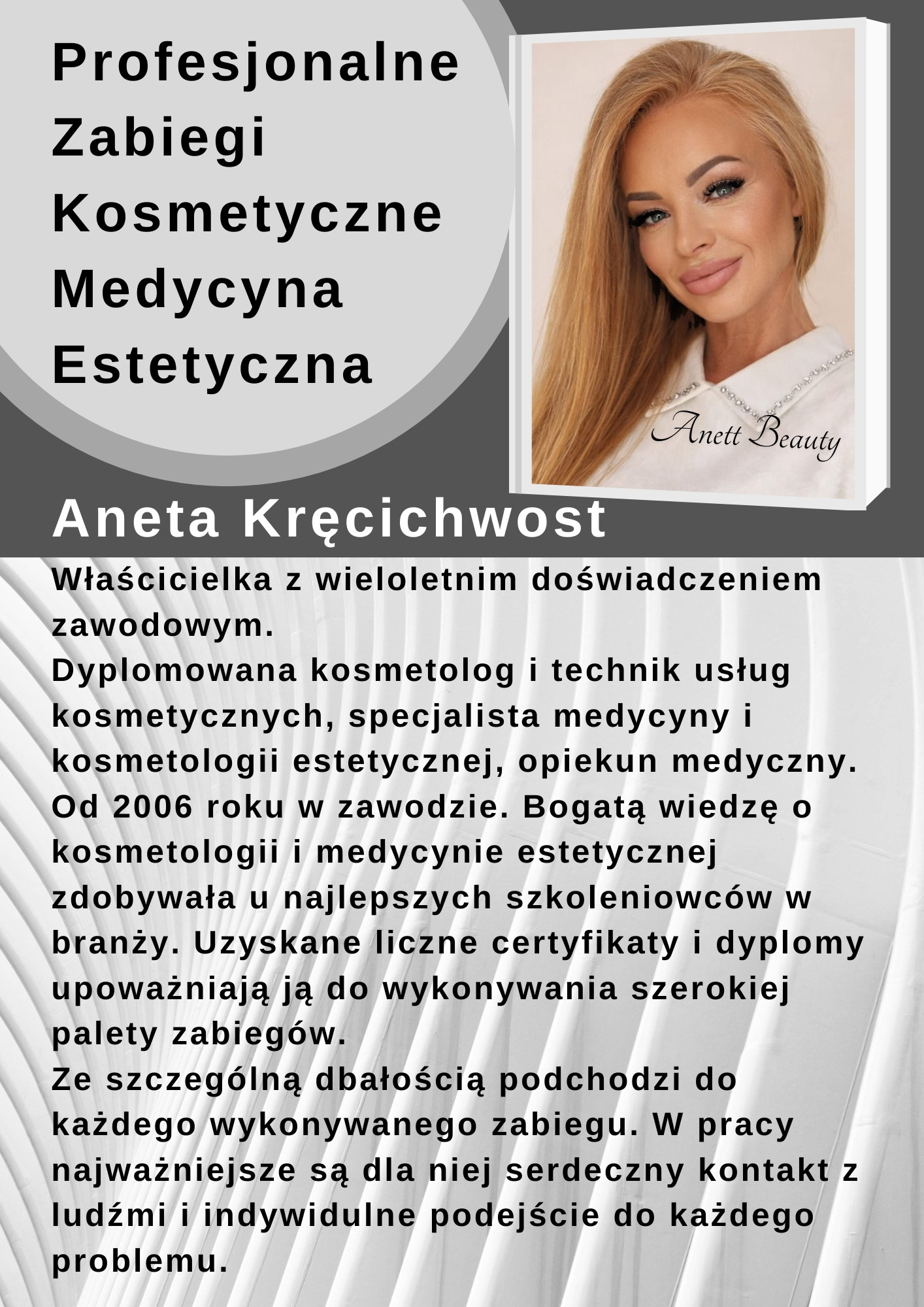 Portret kobiety z blond włosami, logo 'Anett Beauty' i tekst o profesjonalnych zabiegach kosmetycznych i medycynie estetycznej na okładce książki/albumu.