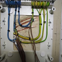 Denys Modelskyi 'DKSSystem' - Rozdzielnica elektryczna z podłączonymi przewodami w kolorach: niebieskim, żółto-zielonym i brązowym. Widoczne złącza i elementy montażowe. Przewody zabezpieczone opaskami.