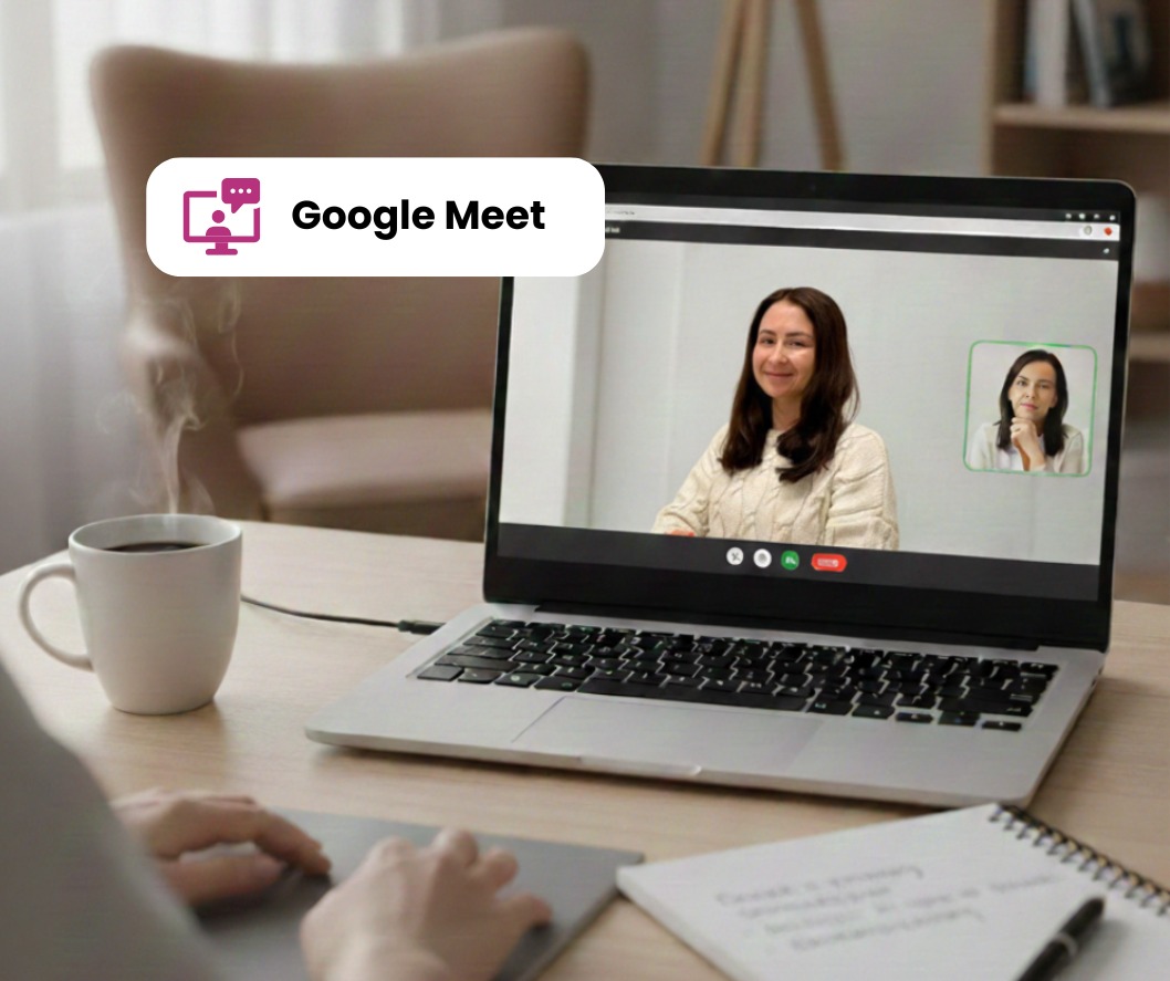 Konsultacja online: Kobieta na ekranie laptopa podczas wideokonferencji, obok notatnik i kawa. Widok z perspektywy klienta, ciepłe oświetlenie.