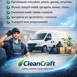 Clean Craft - Grafika reklamowa: uśmiechnięty pracownik w uniformie CleanCraft, biały van, worki na śmieci, kartony. Usługi: opróżnianie, wywóz, sprzątanie, demontaż, transport.