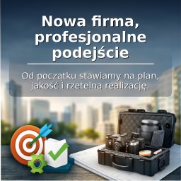 Clean Craft - Nowa firma z profesjonalnym podejściem: cel, zielony znacznik, sprzęt fotograficzny i plany na tle miejskiego krajobrazu. Stawiamy na jakość i rzetelną realizację.