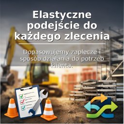 Clean Craft - Elastyczne podejście: żółta koparka w tle, plan z listą kontrolną, klucz, pachołki i strzałki symbolizujące dopasowanie do potrzeb klienta.