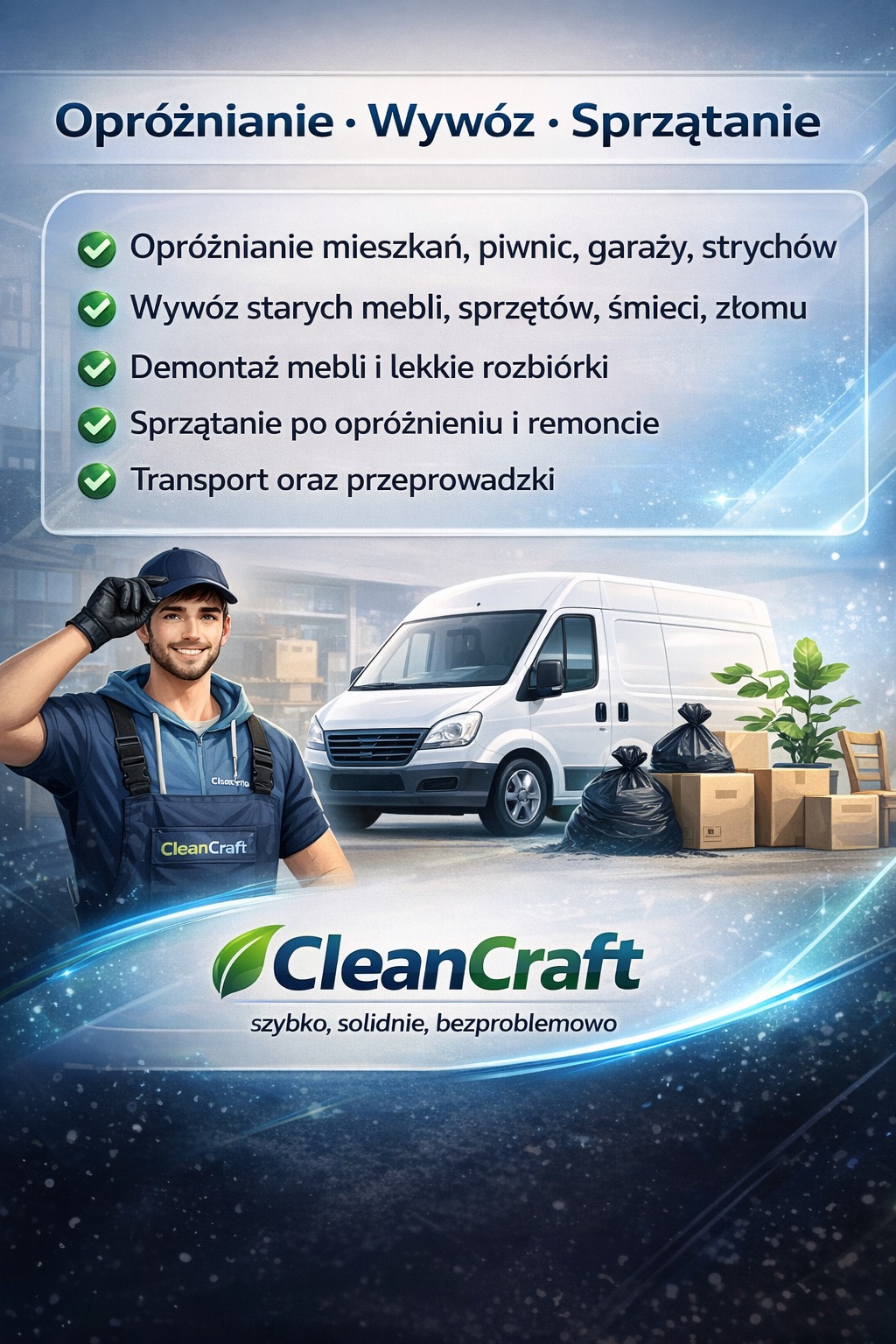 Grafika reklamowa: uśmiechnięty pracownik w uniformie CleanCraft, biały van, worki na śmieci, kartony. Usługi: opróżnianie, wywóz, sprzątanie, demontaż, transport.