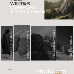 Maciej Figiel - Strona internetowa marki odzieżowej Nørvian prezentuje kolekcję zimową: poncho na tle gór, hoodie, kapcie, koc i kubek. Minimalistyczny design, stonowana kolorystyka.