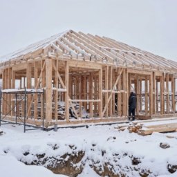 Such bud - Wznoszenie drewnianej konstrukcji domu jednorodzinnego w zimowej scenerii. Widoczna więźba dachowa i szkielet ścian. Na pierwszym planie wykop fundamentowy.