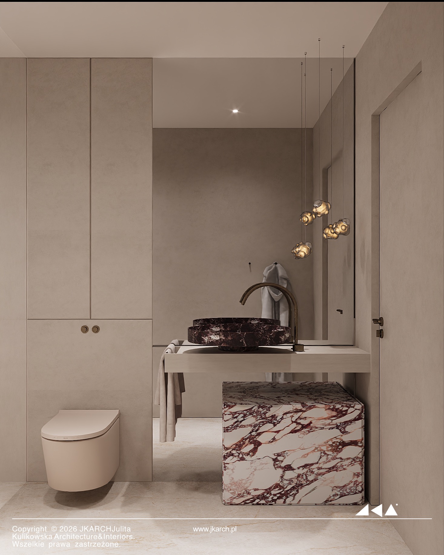 Beżowa łazienka z marmurową umywalką i kostką. Wisząca toaleta, minimalistyczne szafki, lustro z dekoracyjnym oświetleniem. Projekt łazienki w hotelu butikowym.