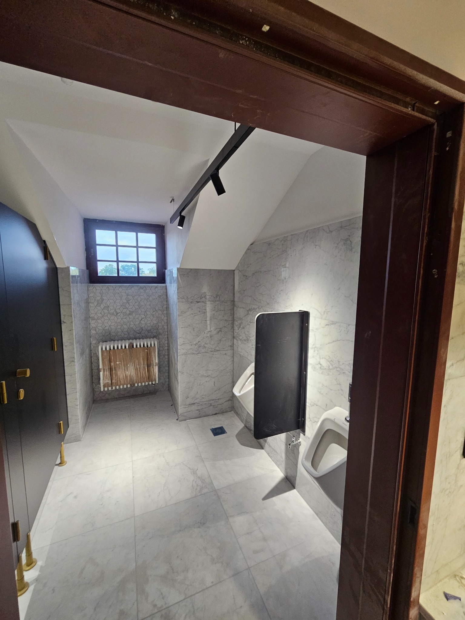 Wykończona toaleta publiczna z marmurowymi ścianami i podłogą, widok przez ciemnobrązowe futryny drzwi. Umywalki i grzejnik w tle.