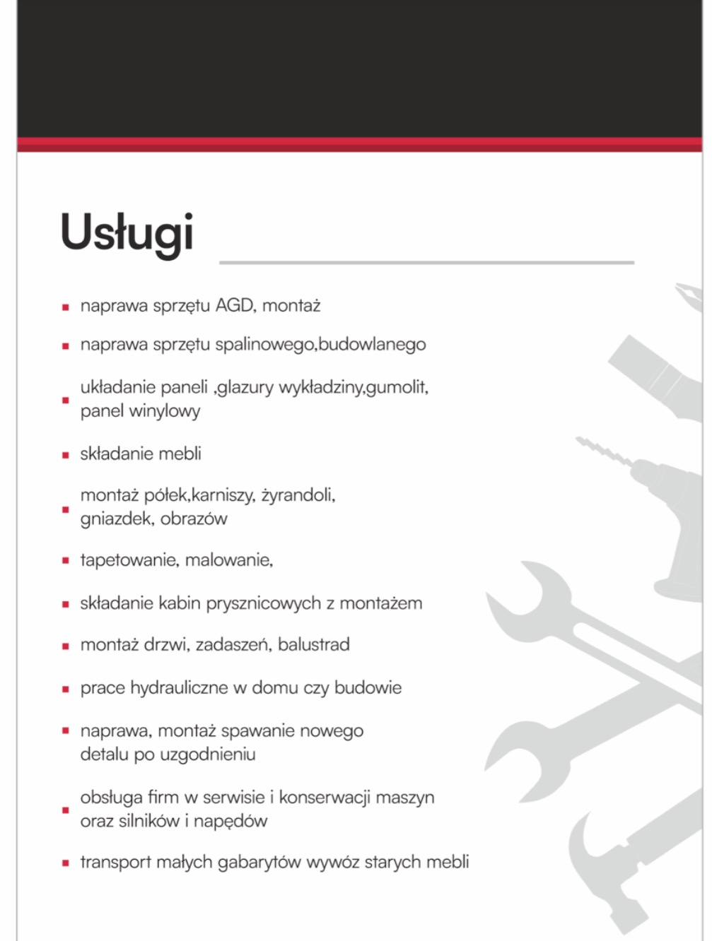 Grafika z listą usług: naprawa AGD, montaż mebli, układanie paneli, prace hydrauliczne, spawanie, obsługa maszyn i transport. W tle narzędzia.