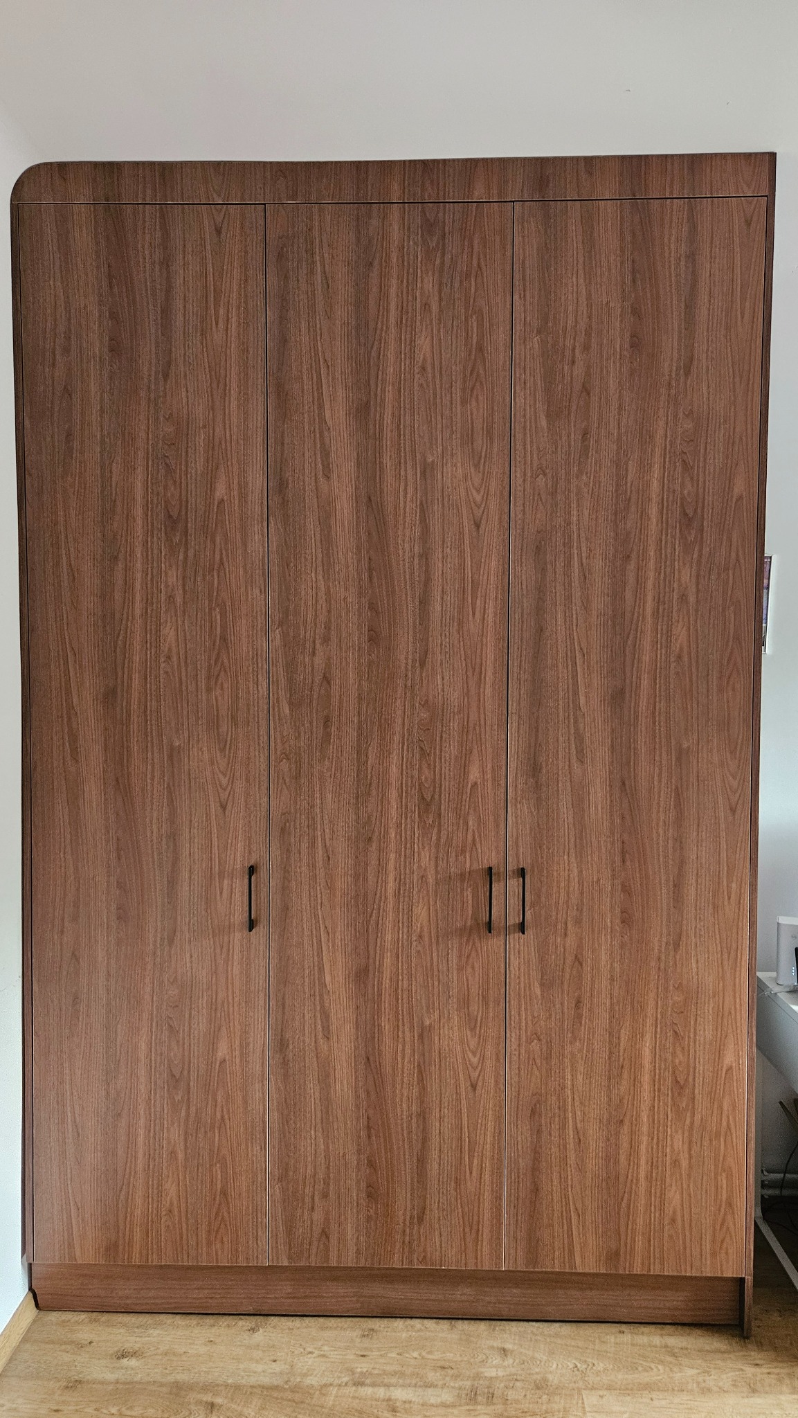 Trzydrzwiowa szafa z forniru orzechowego, z minimalistycznymi, czarnymi uchwytami, na tle białej ściany i jasnej podłogi. Zaokrąglone krawędzie górne.