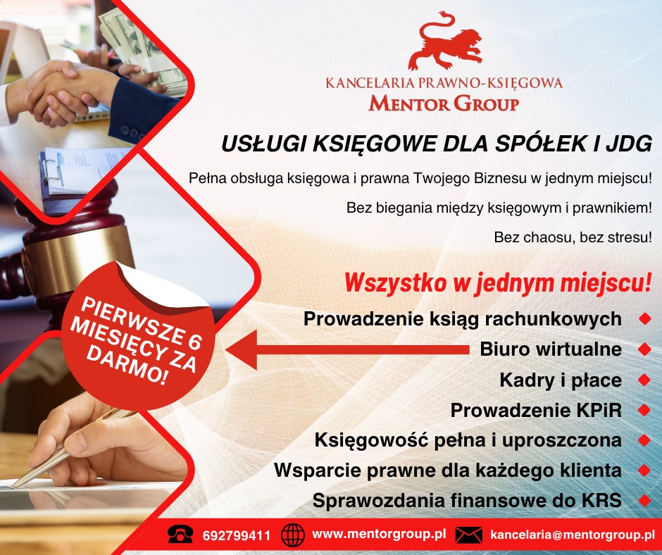 Usługi księgowe i prawne Mentor Group: obsługa spółek i JDG. Prowadzenie ksiąg, kadry, biuro wirtualne, wsparcie prawne. Pierwsze 6 miesięcy za darmo!