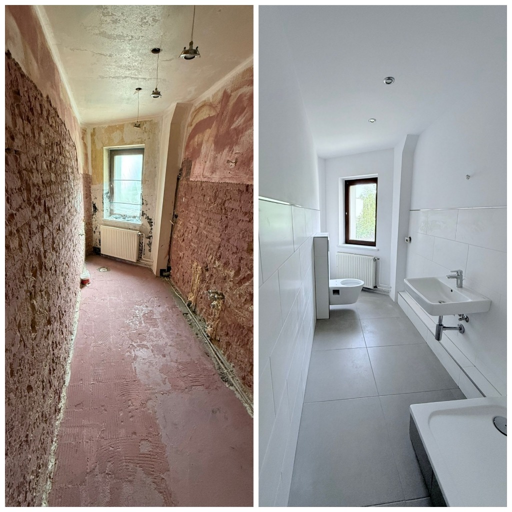 Remont łazienki: widok przed (surowe ściany, instalacje) i po (białe płytki, nowoczesna armatura, minimalistyczny design).