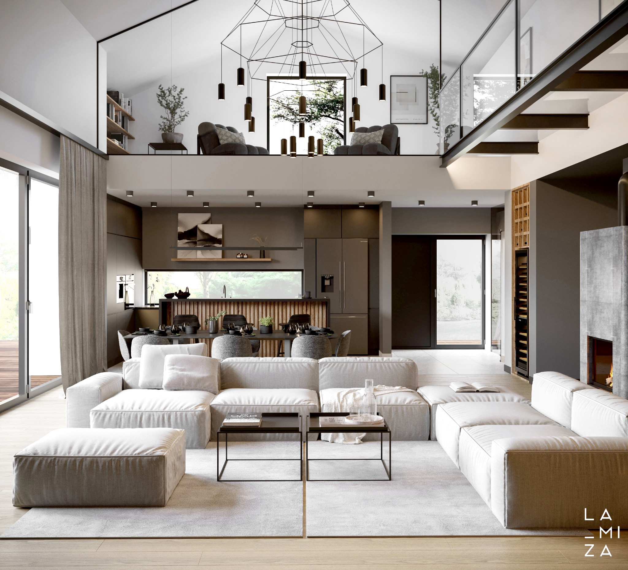 Przestronne wnętrze domu z antresolą. Nowoczesny salon z modułową sofą, widok na jadalnię i kuchnię. Minimalistyczny design, stonowana kolorystyka, duże okna.