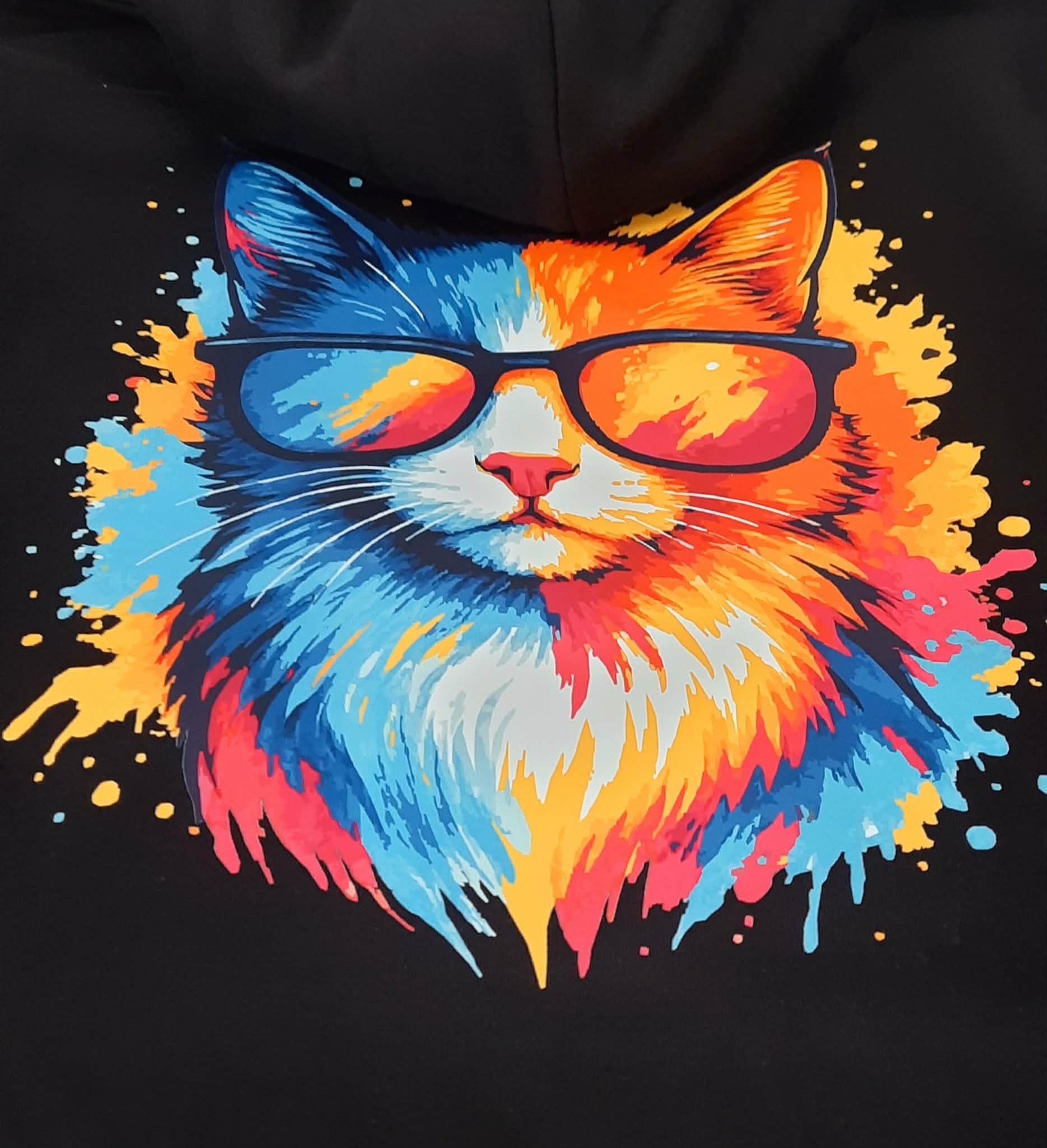 Czarna bluza z kolorowym nadrukiem kota w okularach, stylizowanego na akwarelę. Grafika w odcieniach niebieskiego, pomarańczowego i żółtego.