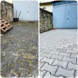 ZIELONY EFEKT MARCEL OLSZEWSKI - Kostka brukowa przed i po czyszczeniu: po lewej zaniedbana, z mchem, po prawej czysta, szara. W tle brama garażowa i kamienny mur.