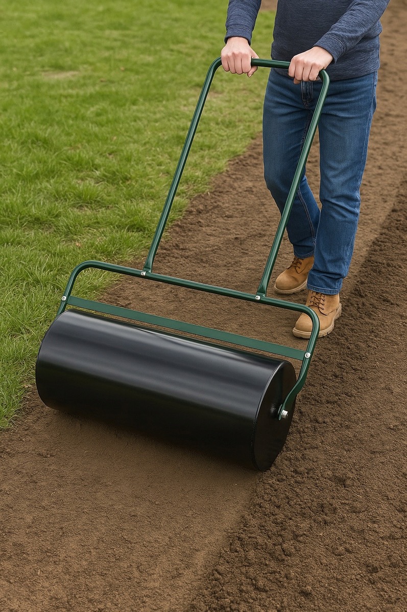 Walec ogrodowy w użyciu, wyrównujący świeżo przygotowaną glebę pod trawnik. Widoczny fragment trawnika i osoba obsługująca walec. Ujęcie z góry, blisko ziemi.